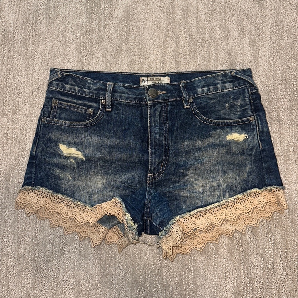 Free People Denim Shorts w/ Lace Detail